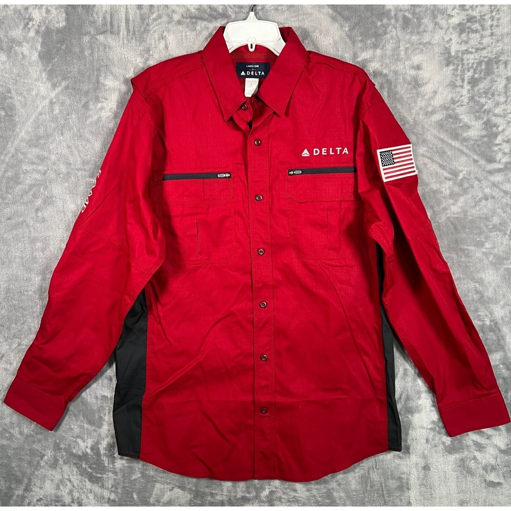 Lands End Delta Airlines Ramp Uniform Shirt Mens Large Red Button Up USA Zipper